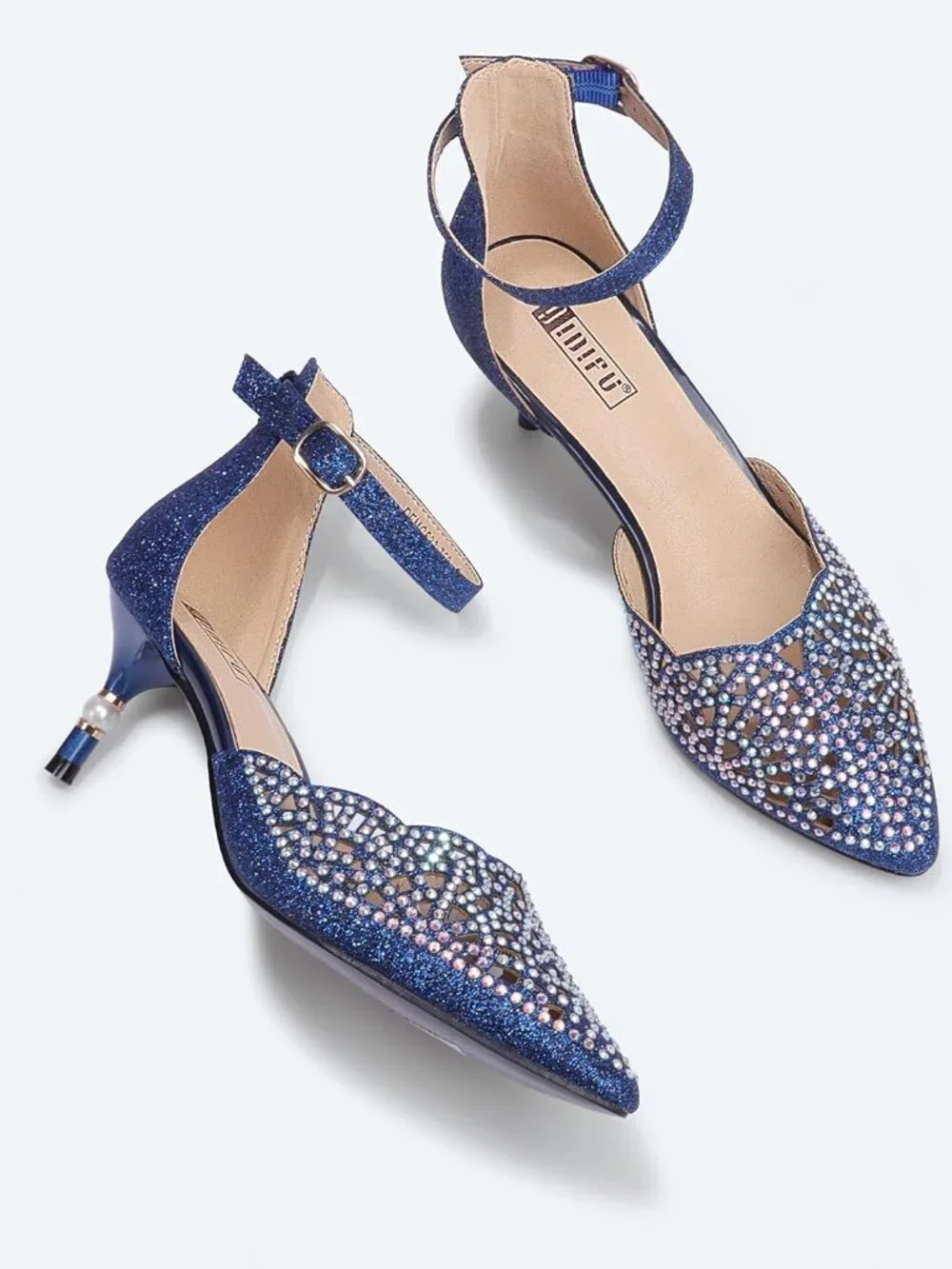 Women's Blue Glitter Rhinestones Low Kitten Heels Pumps Evening Dress Shoes